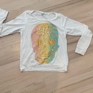 Lauren Moshi White Long Sleeve Tee with Pink Yellow Blue Ombre Skull